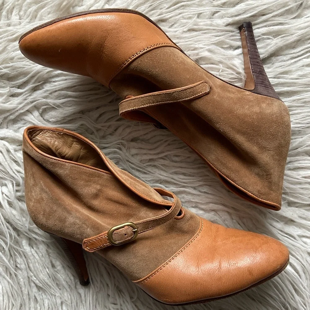 Chloe Tan Suede Leather Switch Color Block Mixed Media High Heel Booties Size 39